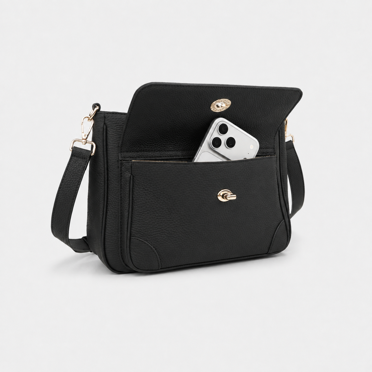 Turn Lock Flap Messenger Crossbody - Pebbled Leather